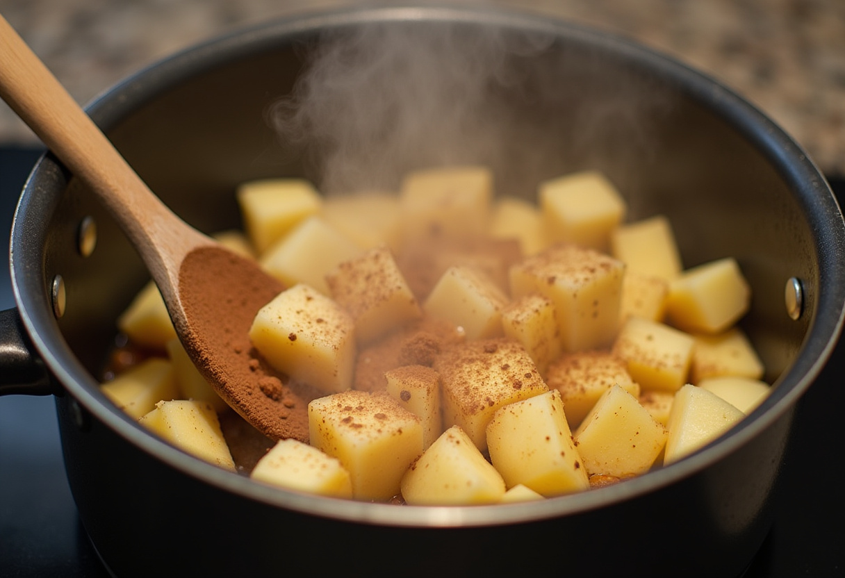 Cooking peeled and chopped apples for Apfelmus mit Vanillesauce preparation.