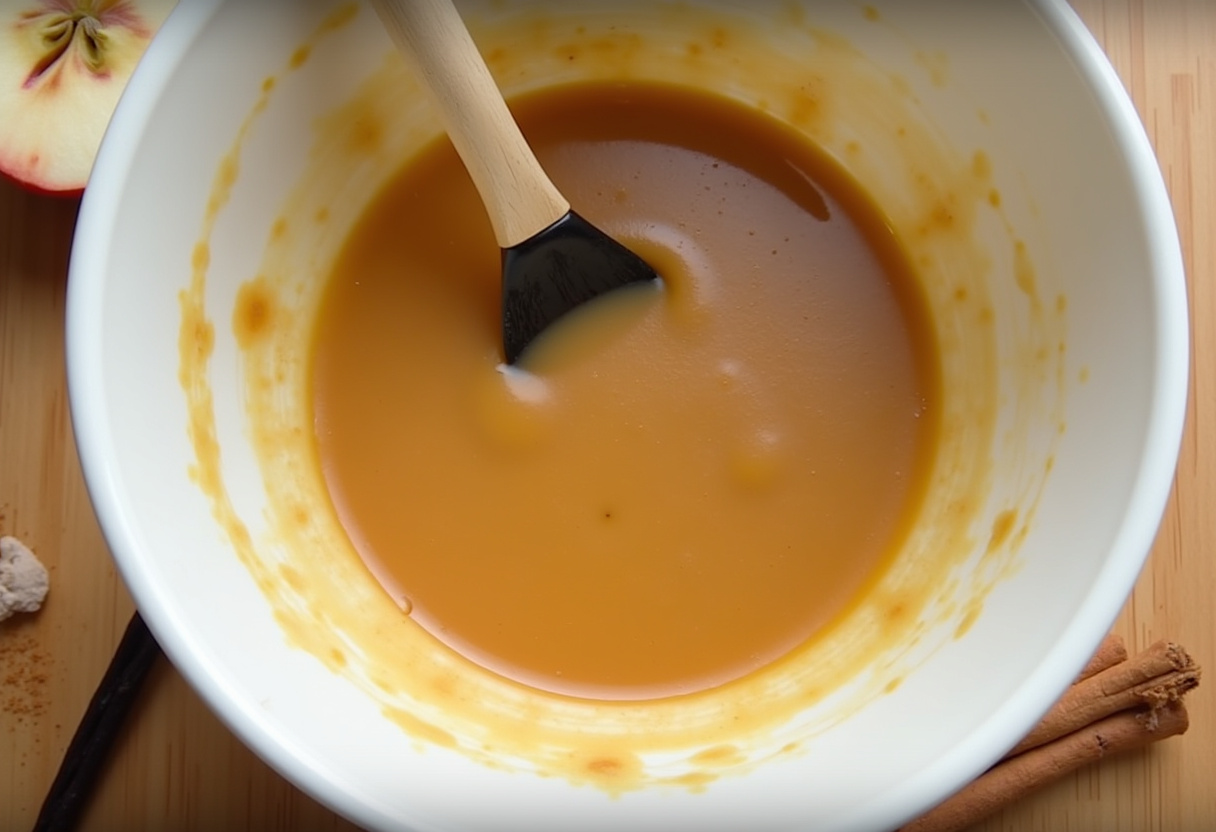 Stirring smooth apple sauce for Apfelmus mit Vanillesauce recipe.