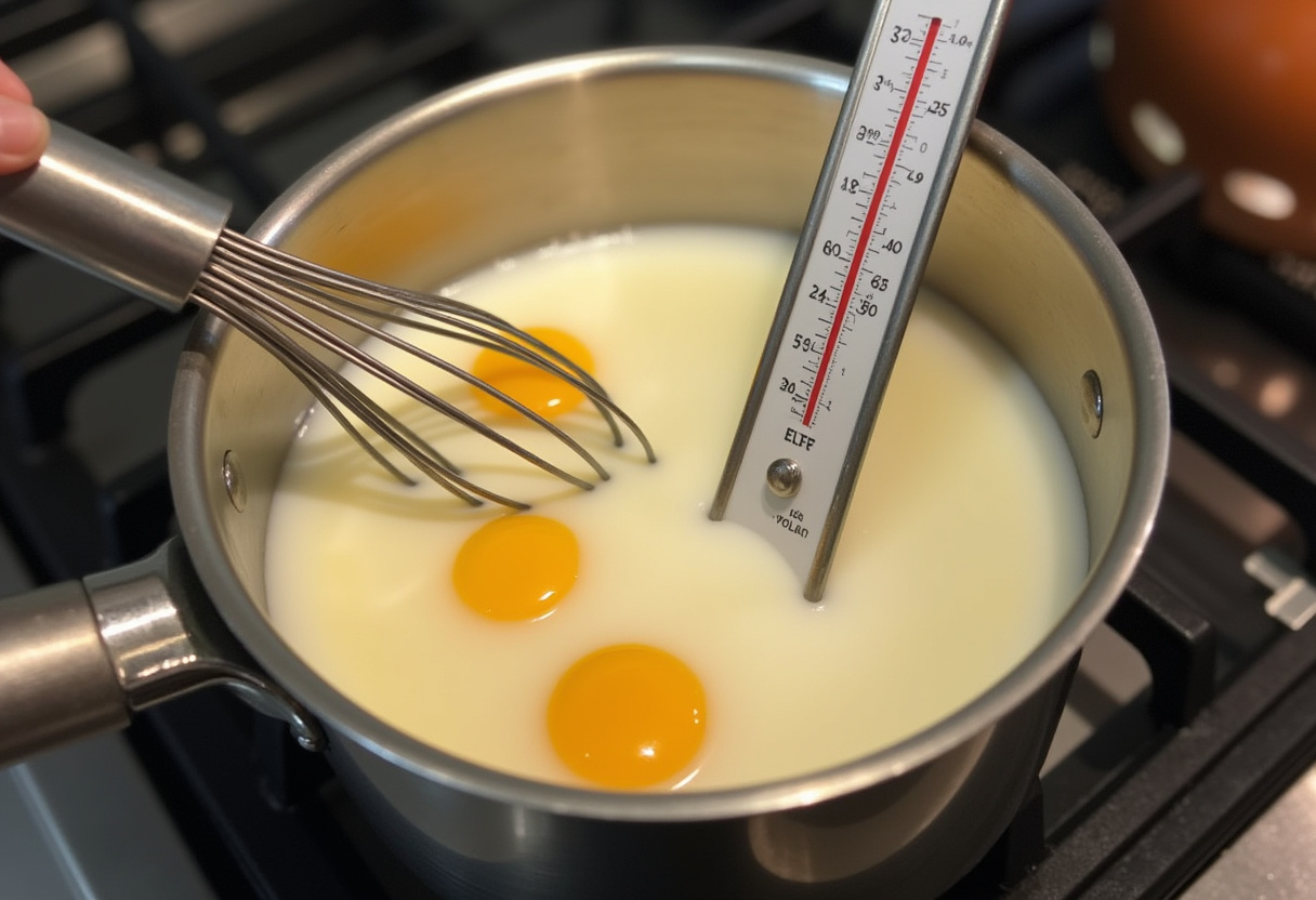 Preparing vanilla sauce with milk and egg yolks for Apfelmus mit Vanillesauce.