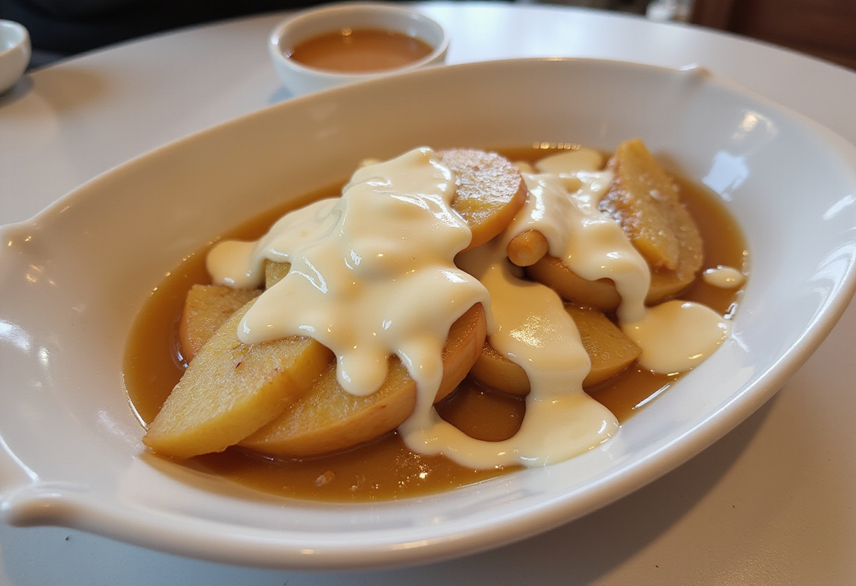 Serving dish of Apfelmus mit Vanillesauce ready to be enjoyed.