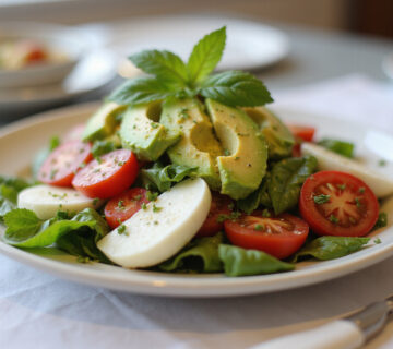 Final presentation of Caprese-Salat mit Avocado on a dining table, showcasing its vibrant colors and fresh ingredients, perfect for any meal.