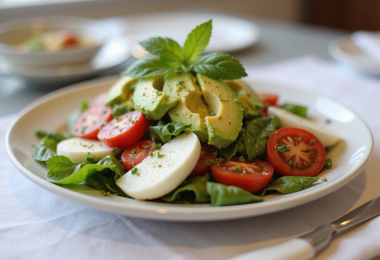 Final presentation of Caprese-Salat mit Avocado on a dining table, showcasing its vibrant colors and fresh ingredients, perfect for any meal.