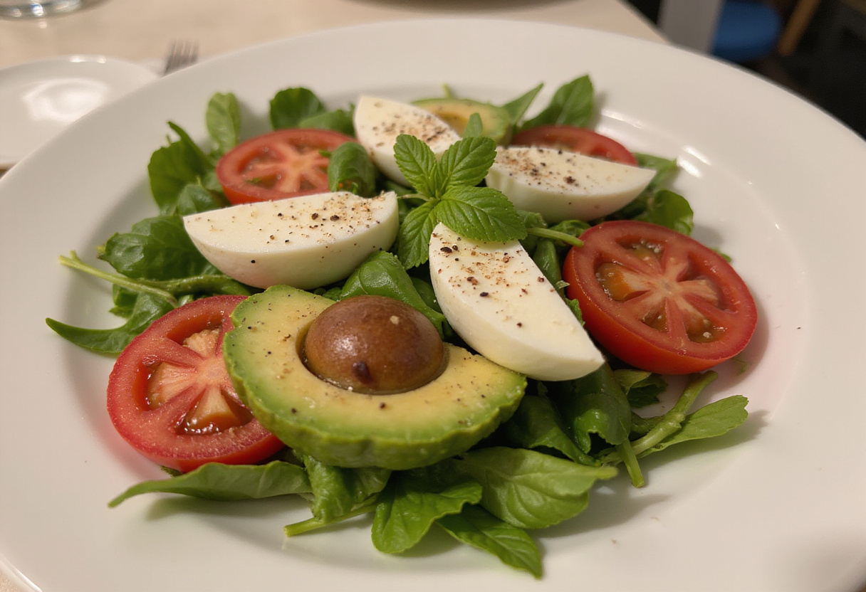 Final presentation of Caprese-Salat mit Avocado on a dining table, showcasing its vibrant colors and fresh ingredients, perfect for any meal.