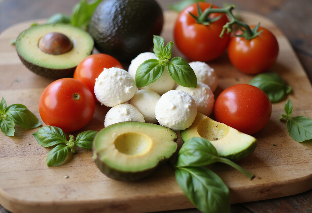 Fresh ingredients for Caprese-Salat mit Avocado, featuring vibrant tomatoes, mozzarella, avocado, and basil on a cutting board.