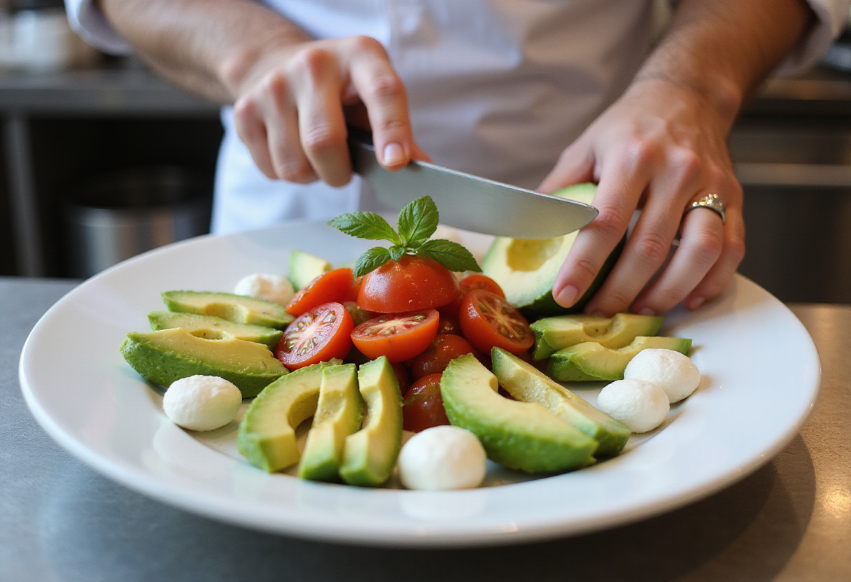 Sliced avocados, tomatoes, and mozzarella for Caprese-Salat mit Avocado arranged neatly on a white plate, emphasizing their fresh colors.