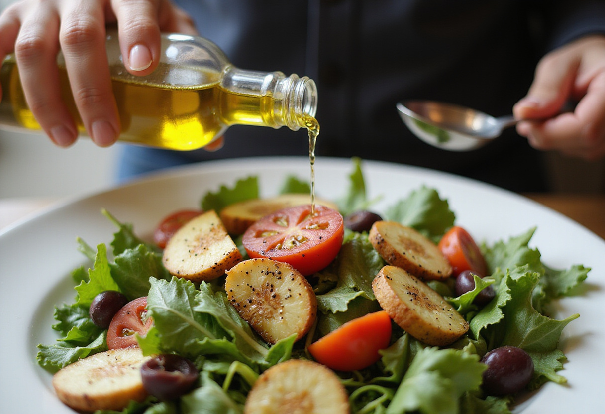 Drizzling olive oil and seasoning Caprese-Salat mit Avocado with salt and pepper, enhancing its flavors and presentation.