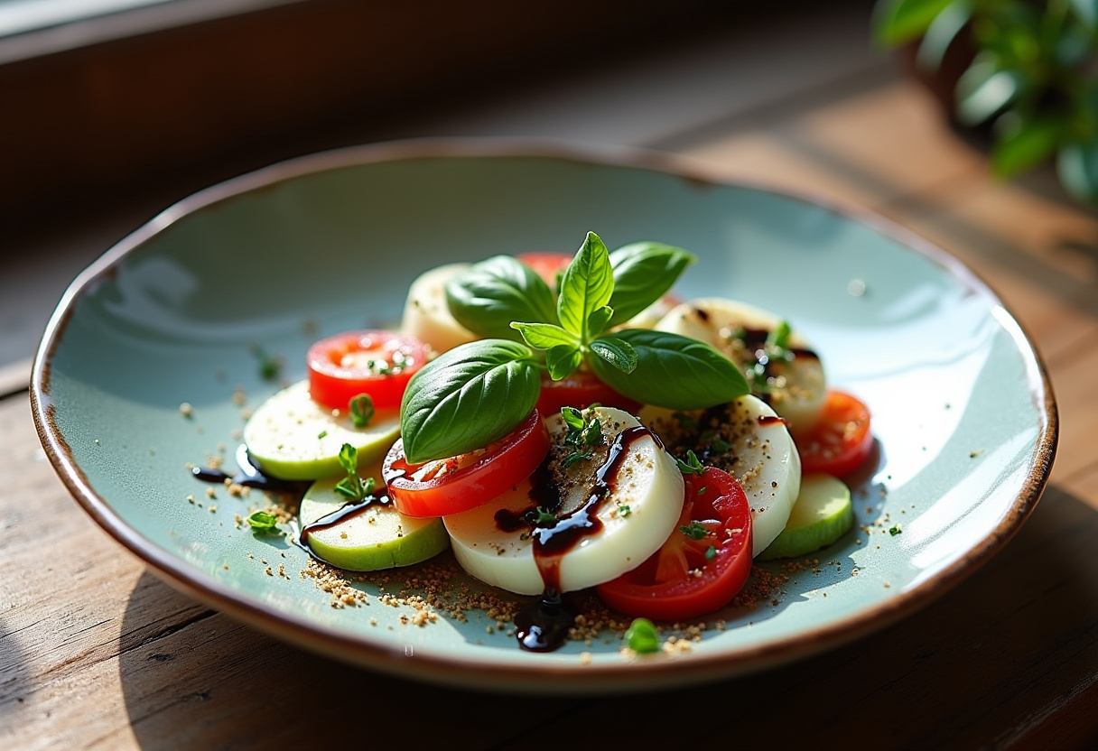Garnished Caprese-Salat mit Avocado with basil and balsamic glaze on a rustic table, showcasing a delicious and appealing salad presentation.