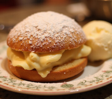 Delicious Kirschmichel dessert garnished with powdered sugar and vanilla ice cream, perfect for dessert lovers.