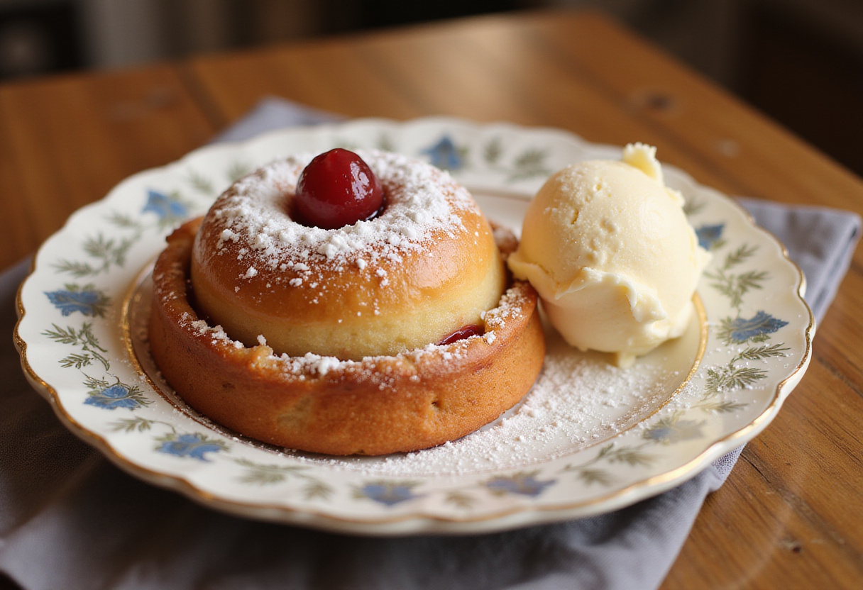 Delicious Kirschmichel dessert garnished with powdered sugar and vanilla ice cream, perfect for dessert lovers.