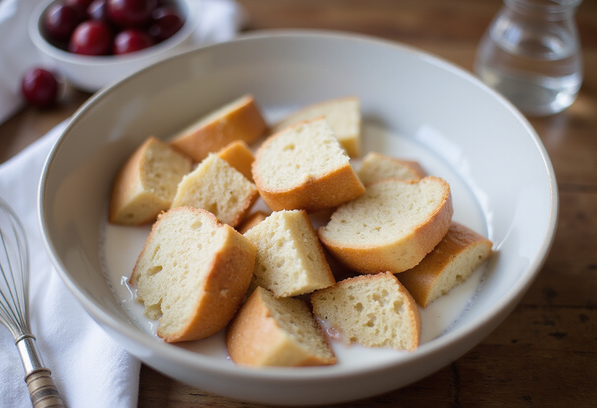 Bread cubes soaking in milk mixture for making Kirschmichel.