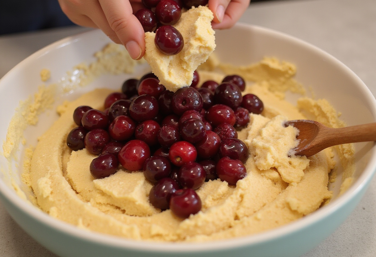 Fresh cherries being mixed into the bread mixture for Kirschmichel recipe.