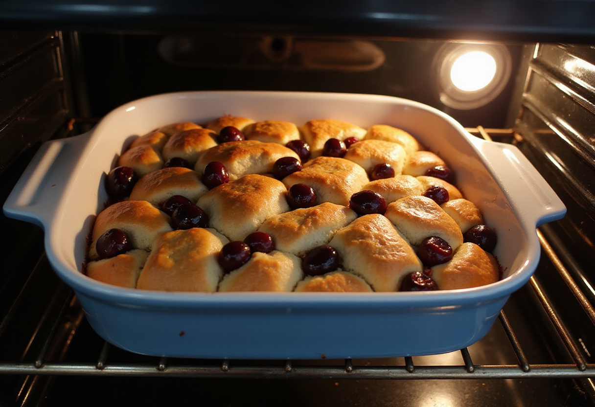 Kirschmichel mixture being placed in the oven to bake until golden brown.