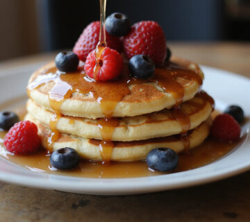 Fertige Pancakes mit Ahornsirup, garniert mit frischen Beeren, ideal für ein leckeres Frühstück.