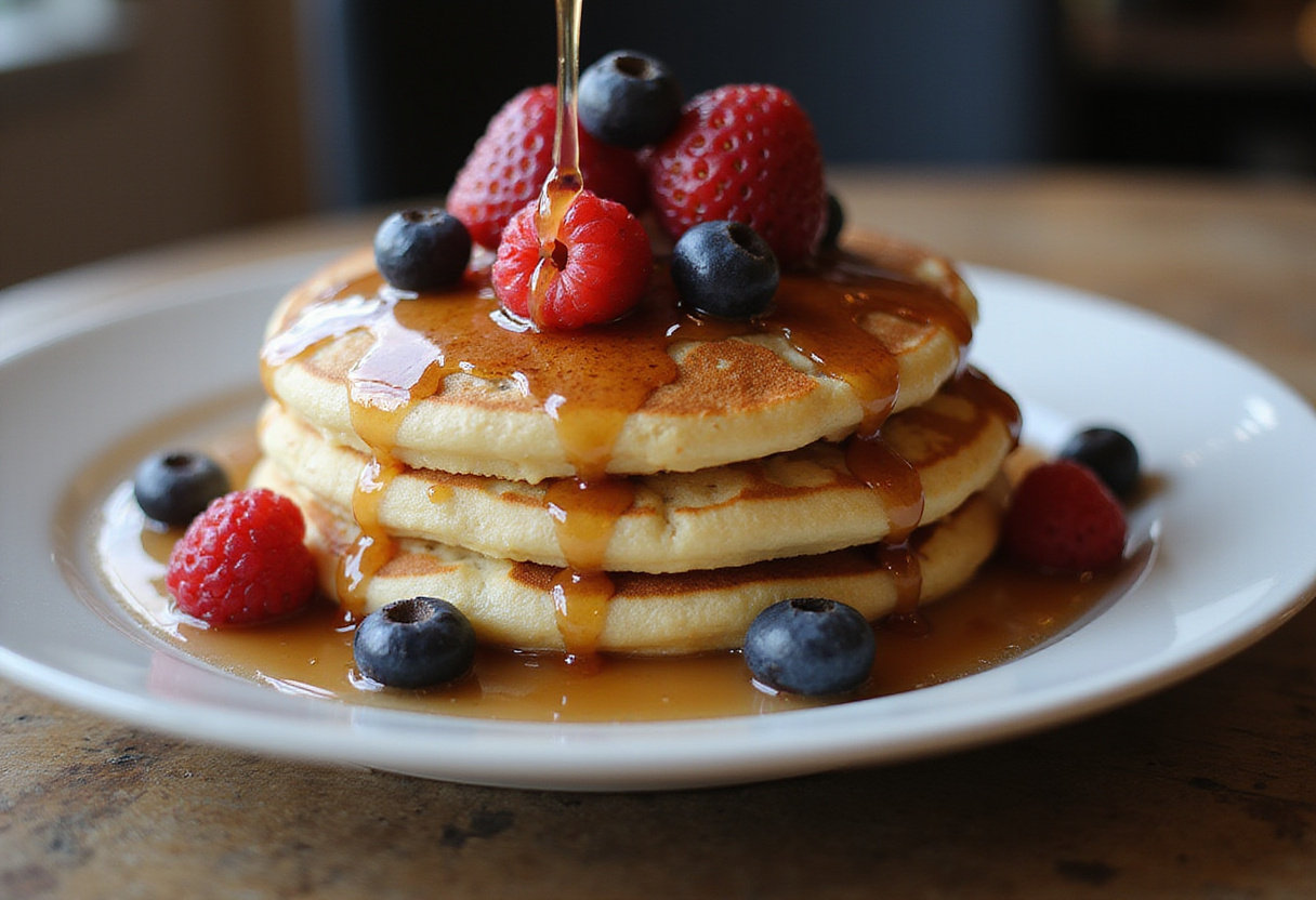 Fertige Pancakes mit Ahornsirup, garniert mit frischen Beeren, ideal für ein leckeres Frühstück.