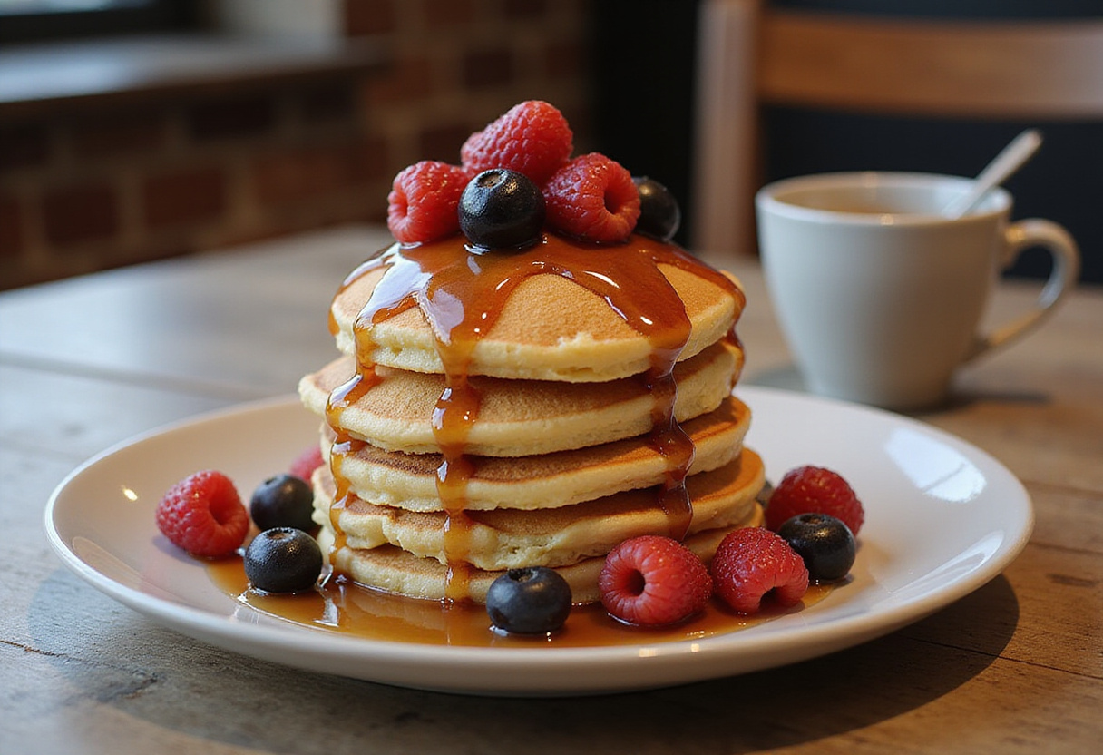 Fertige Pancakes mit Ahornsirup, garniert mit frischen Beeren, ideal für ein leckeres Frühstück.