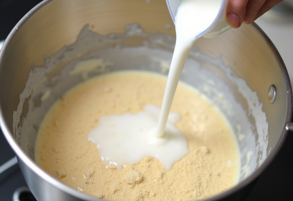 Milch wird zu den Zutaten für Pancakes mit Ahornsirup hinzugefügt, um den Teig zu erstellen.