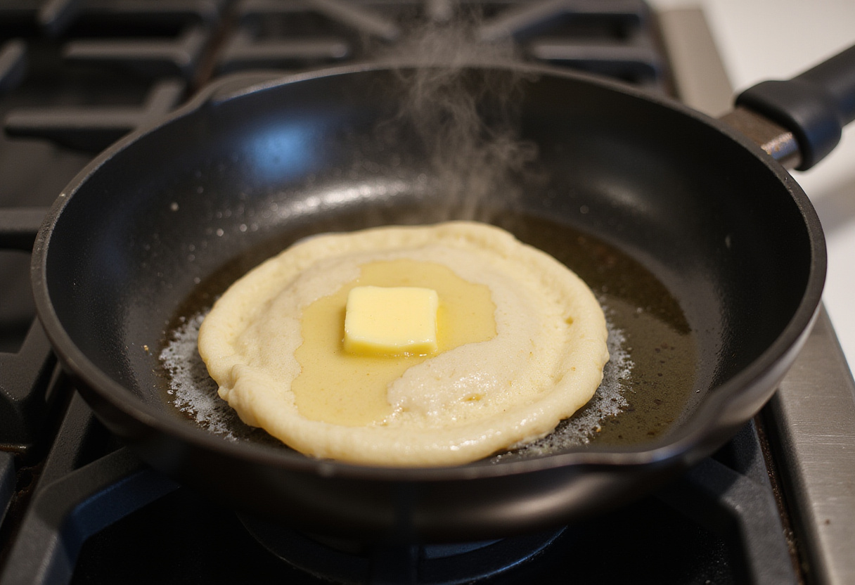 Butter schmilzt in einer Pfanne, bereit zum Ausbacken von Pancakes mit Ahornsirup.