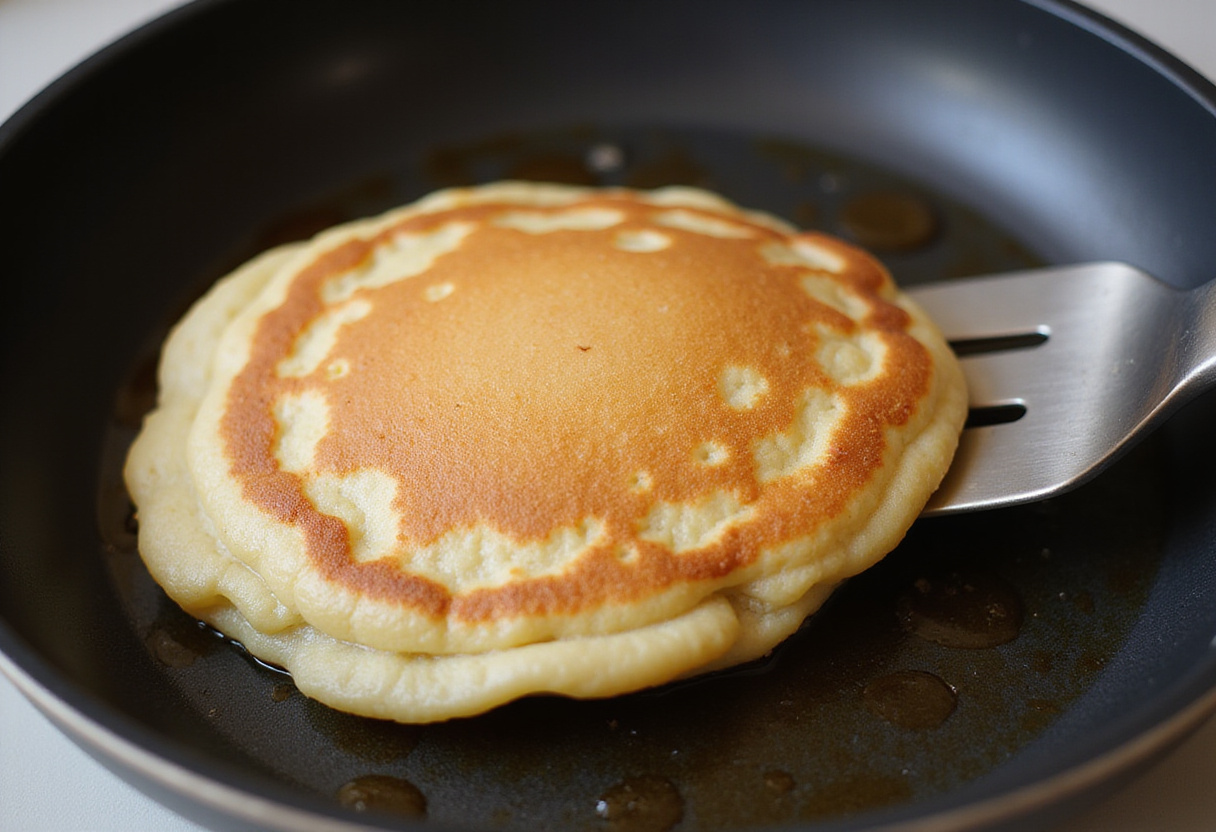 Pancakes mit Ahornsirup werden in der Pfanne goldbraun gebraten.