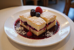 Deliciously plated Quarkauflauf mit Beeren, perfect for dessert.