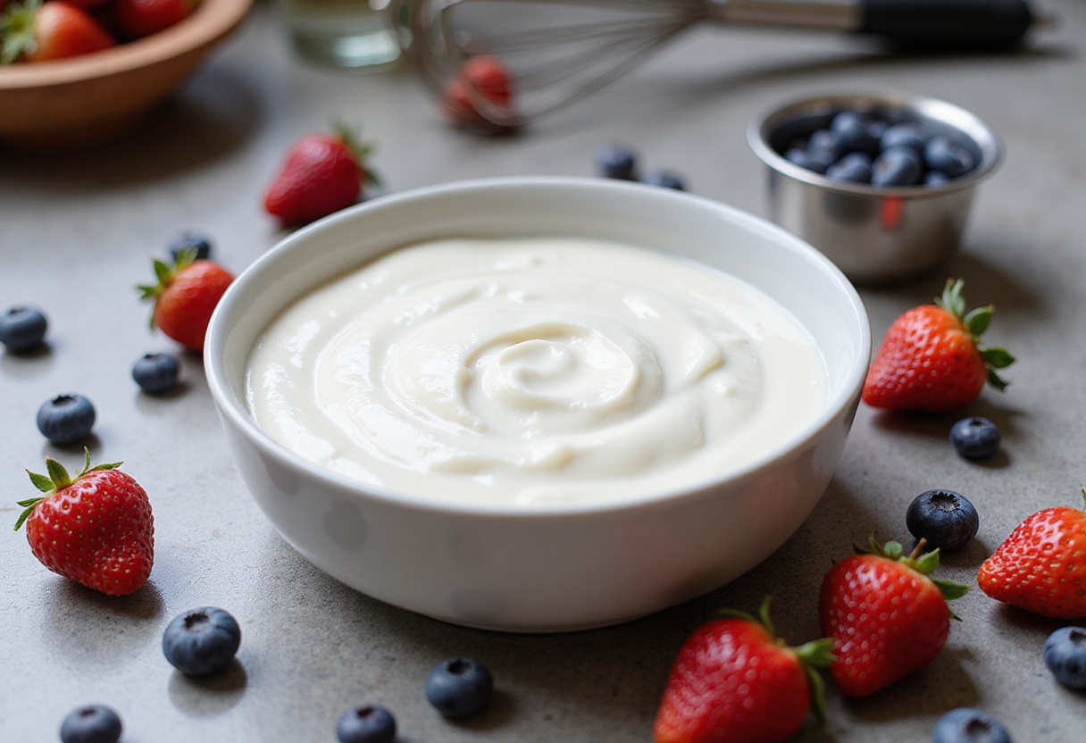 Quark and fresh berries prepared for Quarkauflauf mit Beeren recipe.