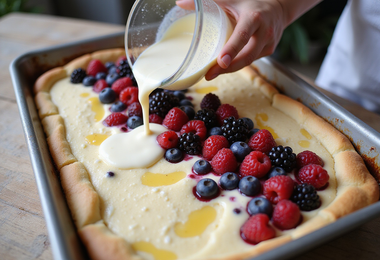 Mixture of quark and berries being prepared for Quarkauflauf mit Beeren in a baking dish.