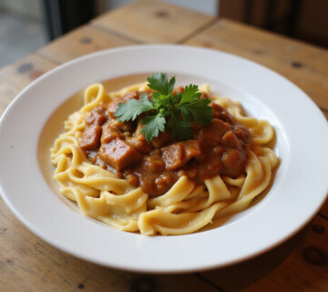 Served Gulasch mit Spätzle with parsley garnish, perfect for a comforting meal.