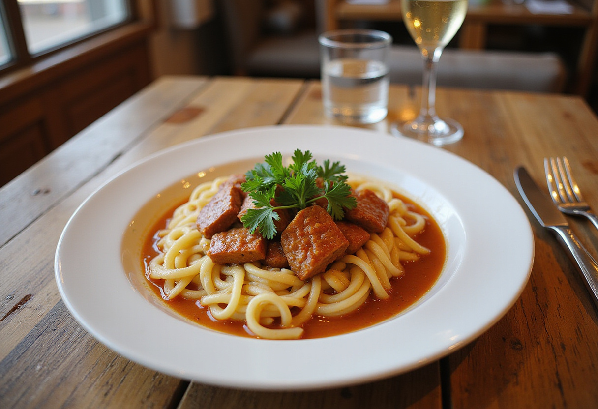 Served Gulasch mit Spätzle with parsley garnish, perfect for a comforting meal.