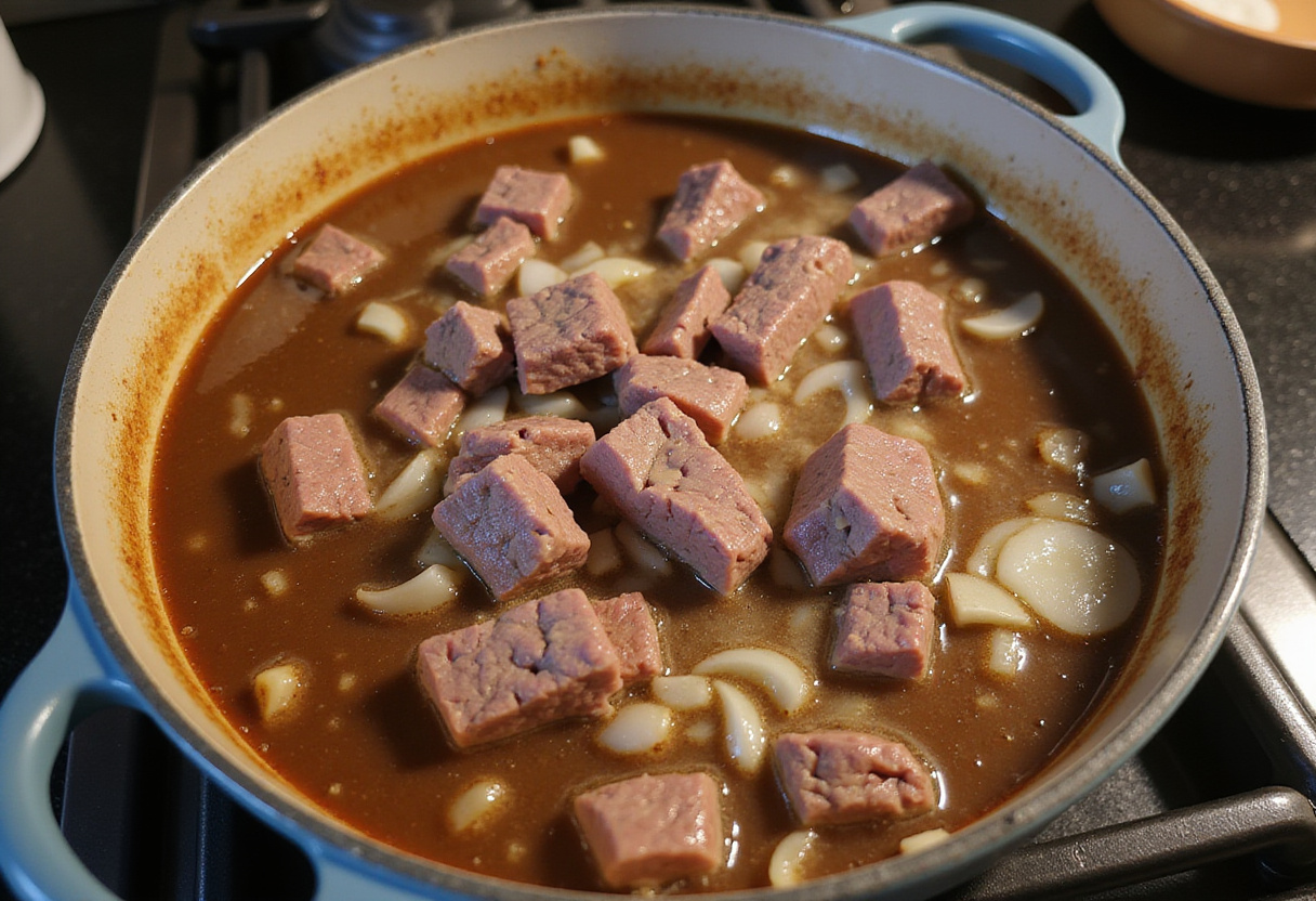 Sauteing beef and onions in a pot for Gulasch mit Spätzle preparation.