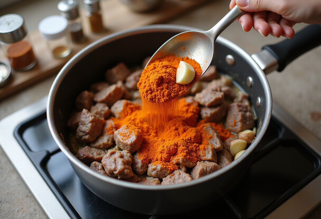 Adding paprika and garlic to the beef for a flavorful Gulasch mit Spätzle dish.