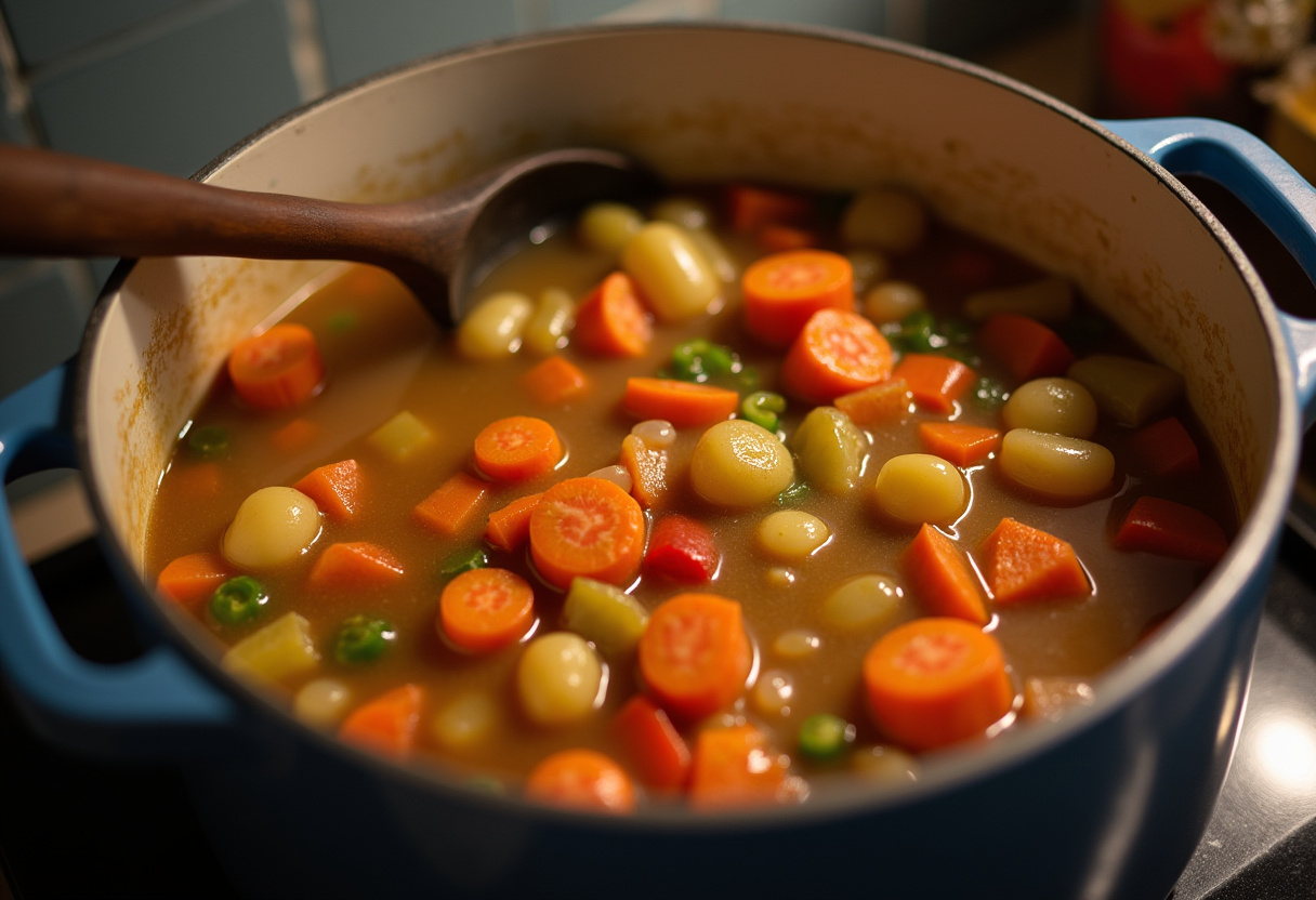Simmering Gulasch with vegetables like carrots and bell peppers for Gulasch mit Spätzle.