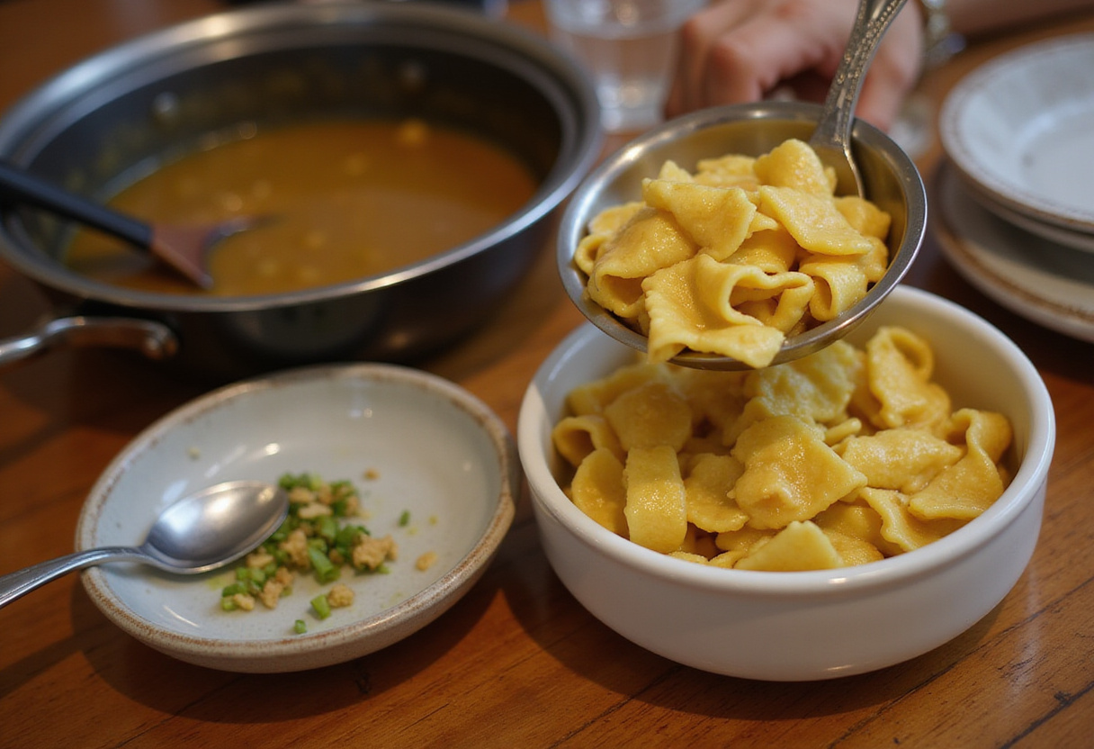 Ladling fresh Spätzle into a serving dish for Gulasch mit Spätzle meal.