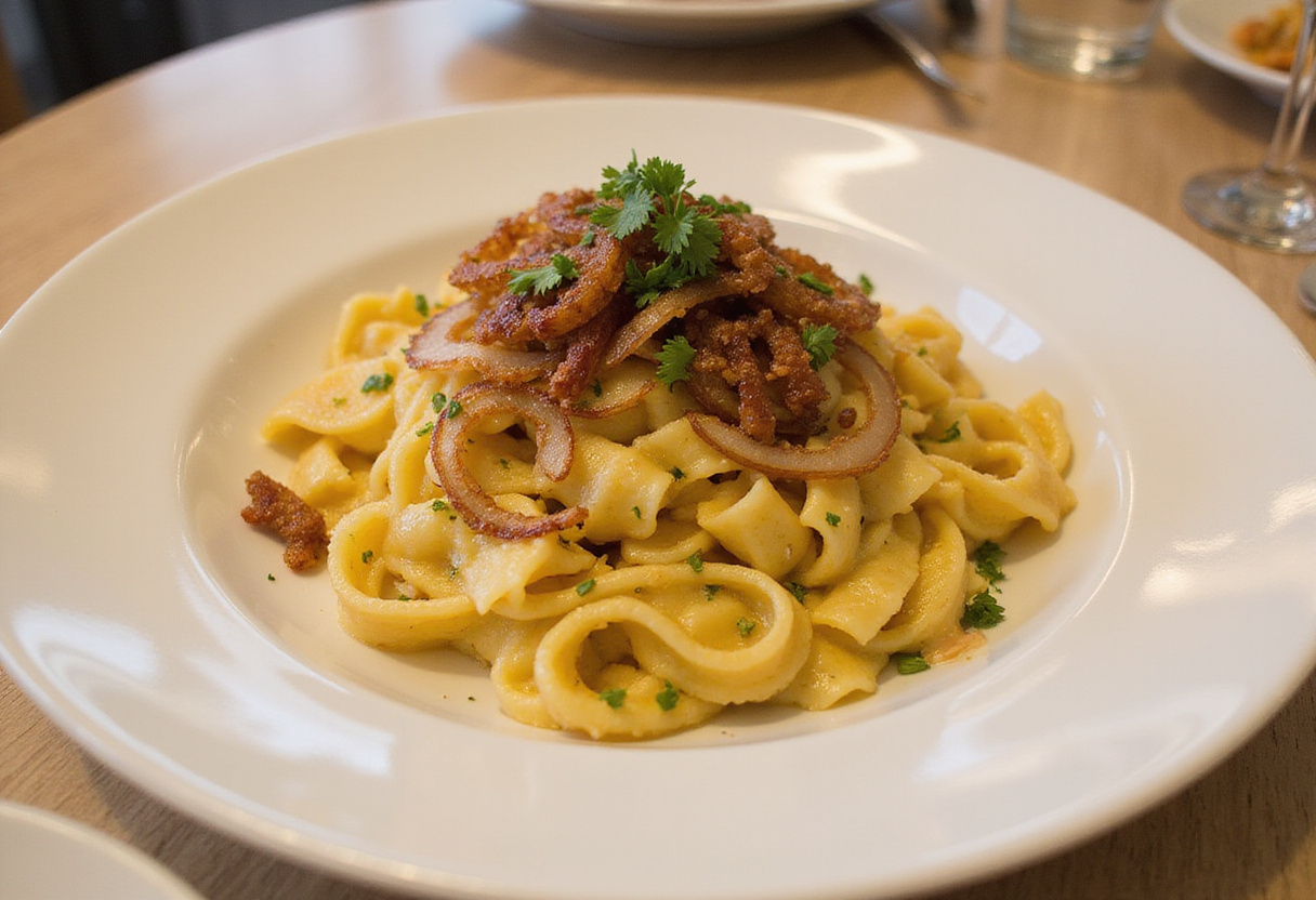 Perfekte Käsespätzle auf einem Teller, ideal für ein herzhaftes deutsches Essen.