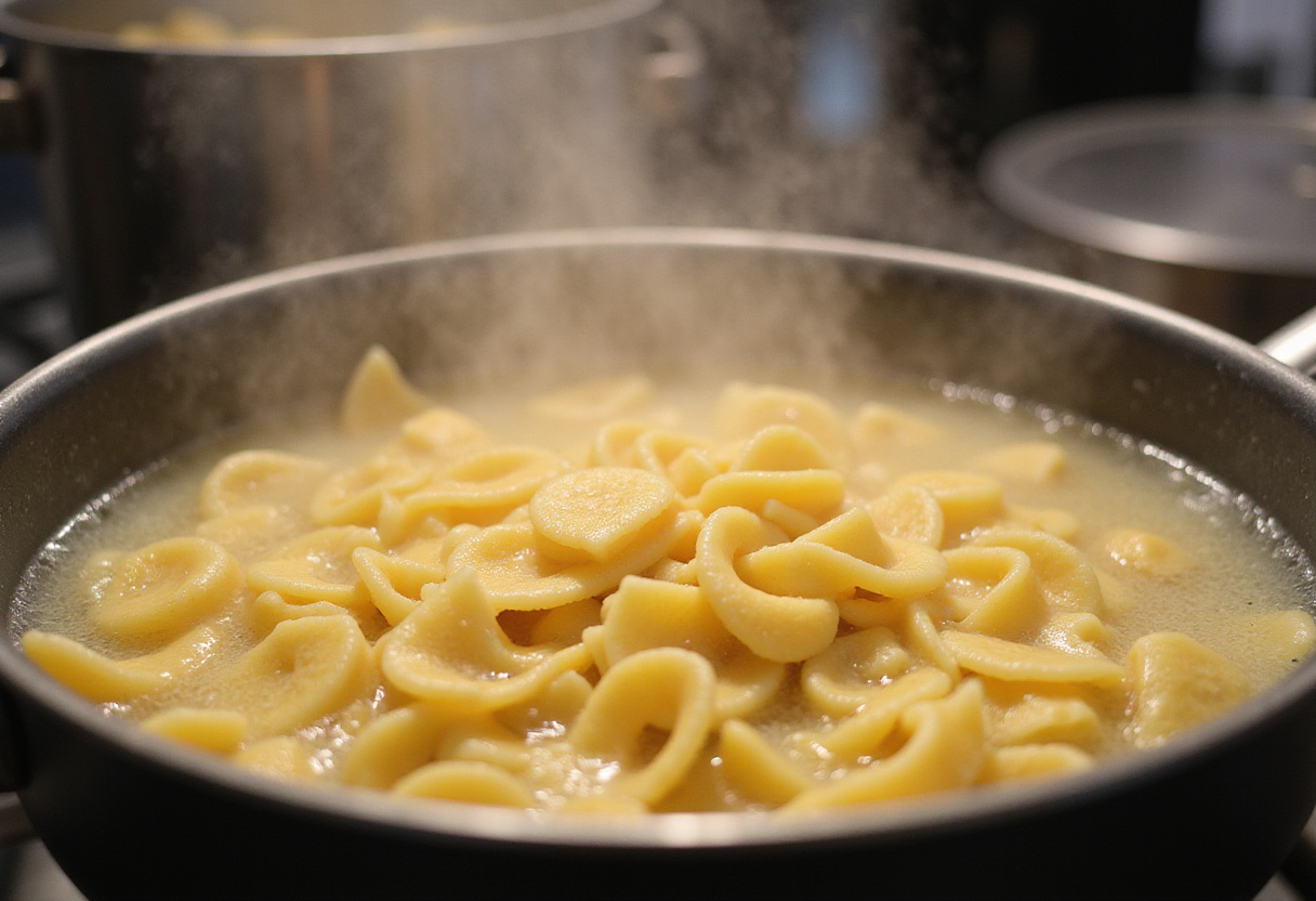 Frisch gekochte Spätzle im Topf, ein Schritt zur Zubereitung der perfekten Käsespätzle.
