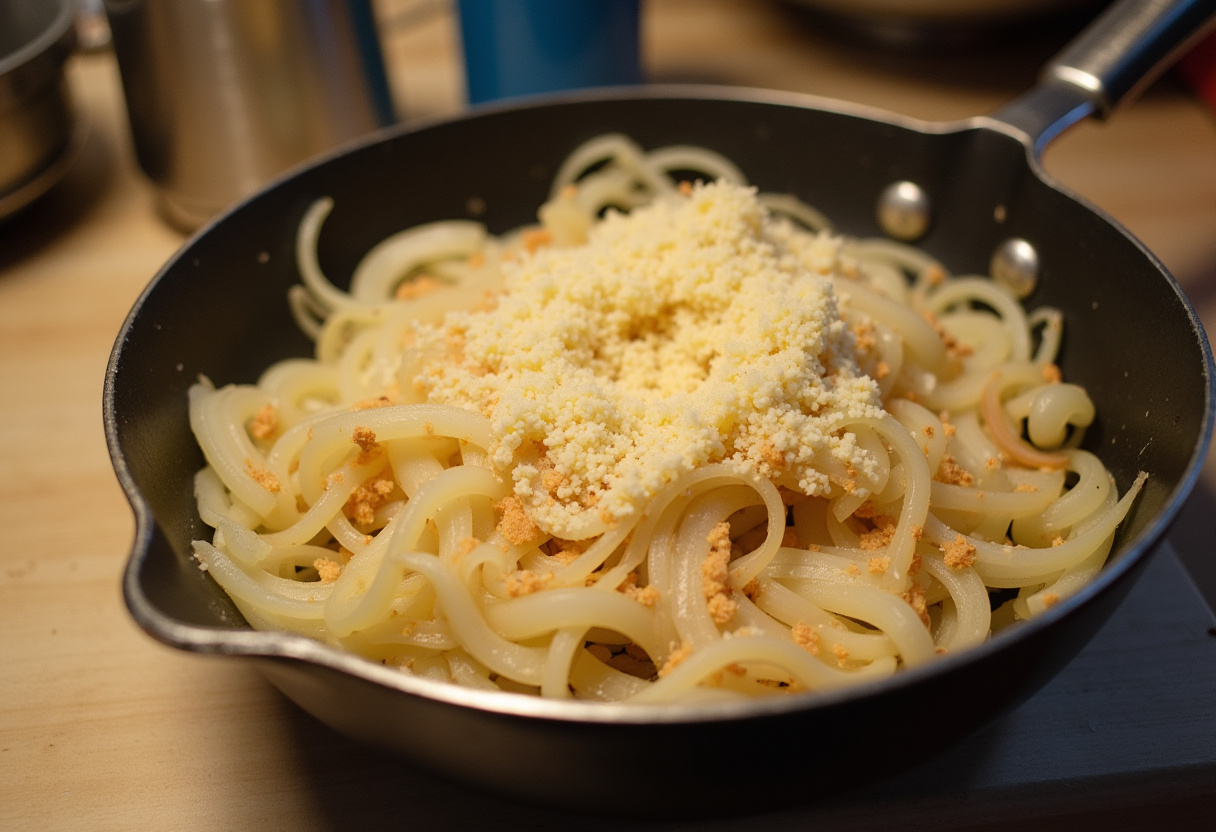 Sautierte Zwiebeln und Käse, wichtige Zutaten für Käsespätzle.