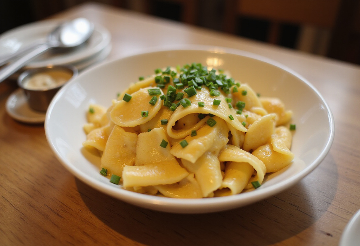 Aufgetürmte Käsespätzle in einer Servierschüssel, alltägliche deutsche Küche.