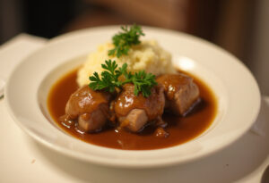 Finished Rinderrouladen served with mashed potatoes and gravy, a classic German dish.
