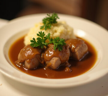 Finished Rinderrouladen served with mashed potatoes and gravy, a classic German dish.