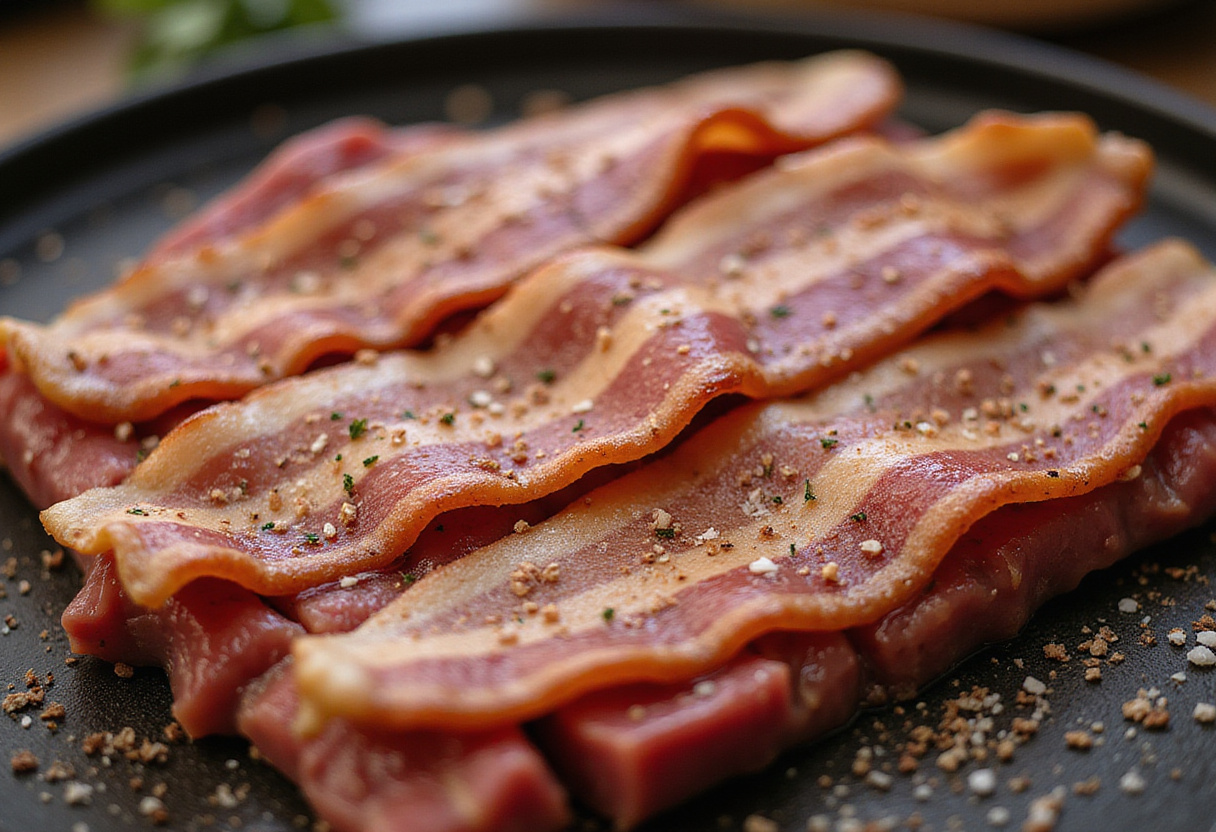 Bacon strips placed on beef for Rinderrouladen recipe.