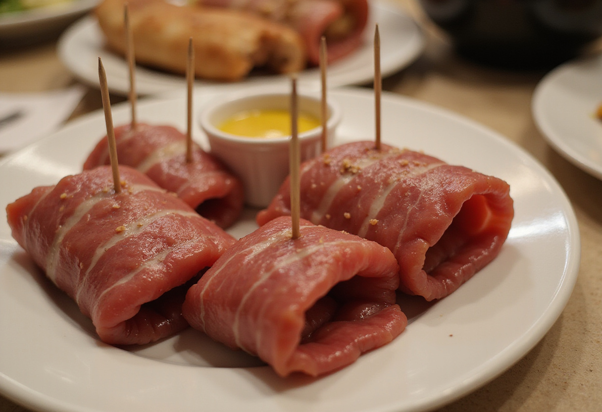 Rolled beef slices secured for preparing Rinderrouladen.