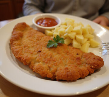 Fertiges Schnitzel mit Kartoffelsalat, ideal für ein festliches Abendessen.