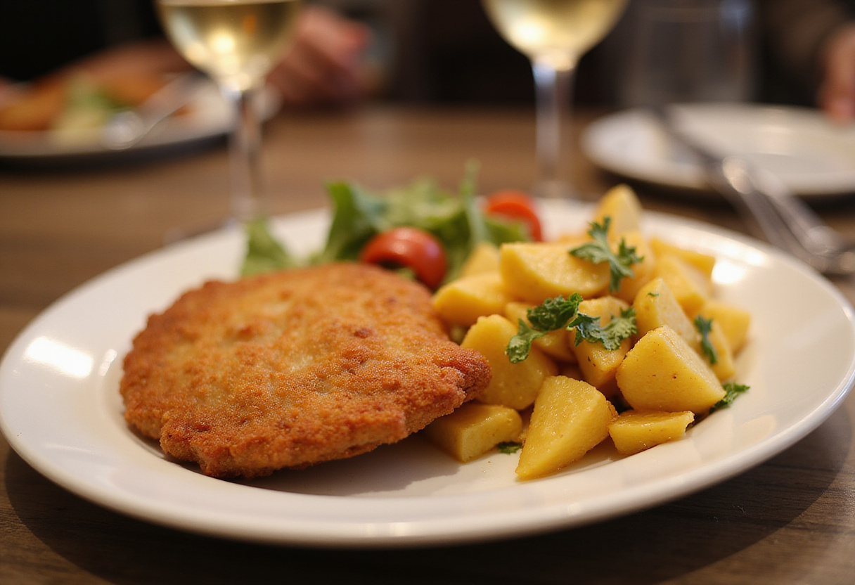 Fertiges Schnitzel mit Kartoffelsalat, ideal für ein festliches Abendessen.