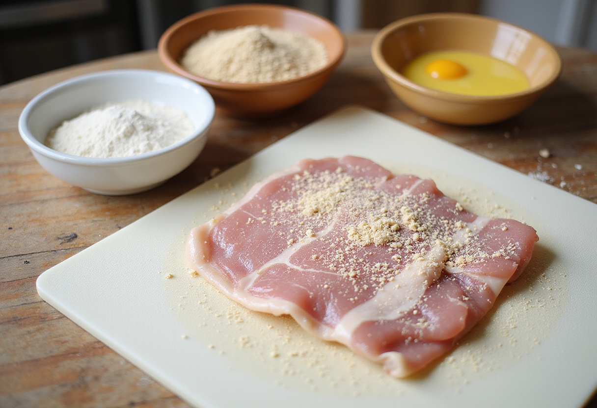 Vorbereitung des Schnitzels mit gewürztem Mehl, Eiern und Semmelbröseln zum perfekten Schnitzel mit Kartoffelsalat.