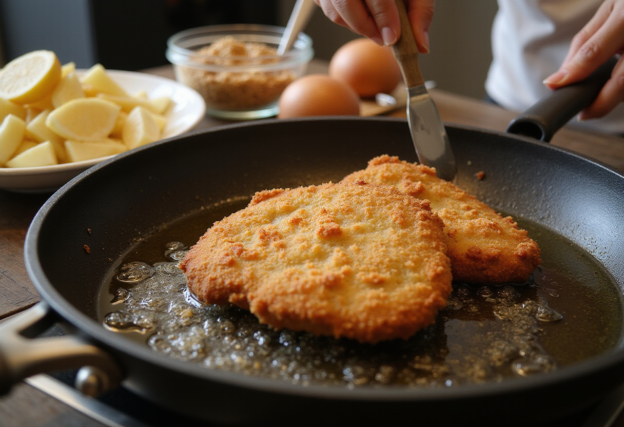 Das panierte Schnitzel brät in einer heißen Pfanne für das perfekte Schnitzel mit Kartoffelsalat.