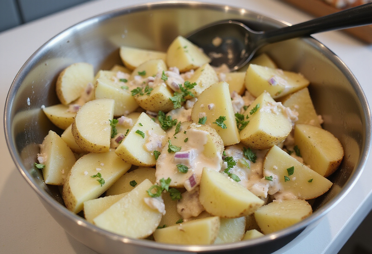 Zubereitung des Kartoffelsalats mit frischen Zutaten für das perfekte Schnitzel mit Kartoffelsalat.