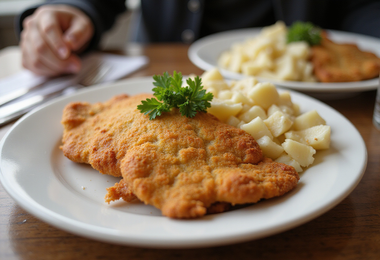 Das frisch frittierte Schnitzel mit Kartoffelsalat auf dem Tisch angerichtet.