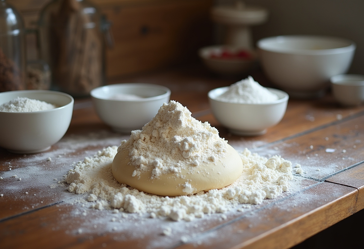 Measured ingredients for dough preparation in Zwiebelkuchen recipe.