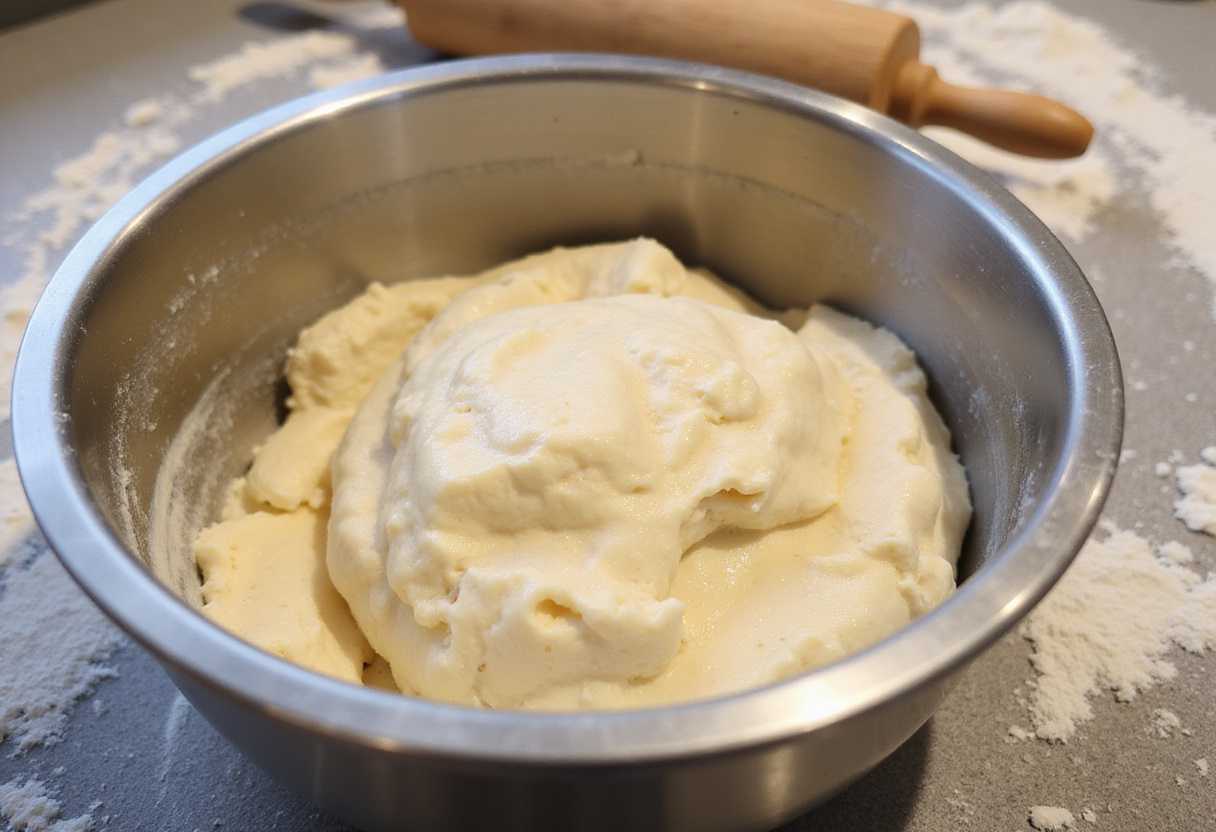 Kneading dough for Zwiebelkuchen on a floured surface.