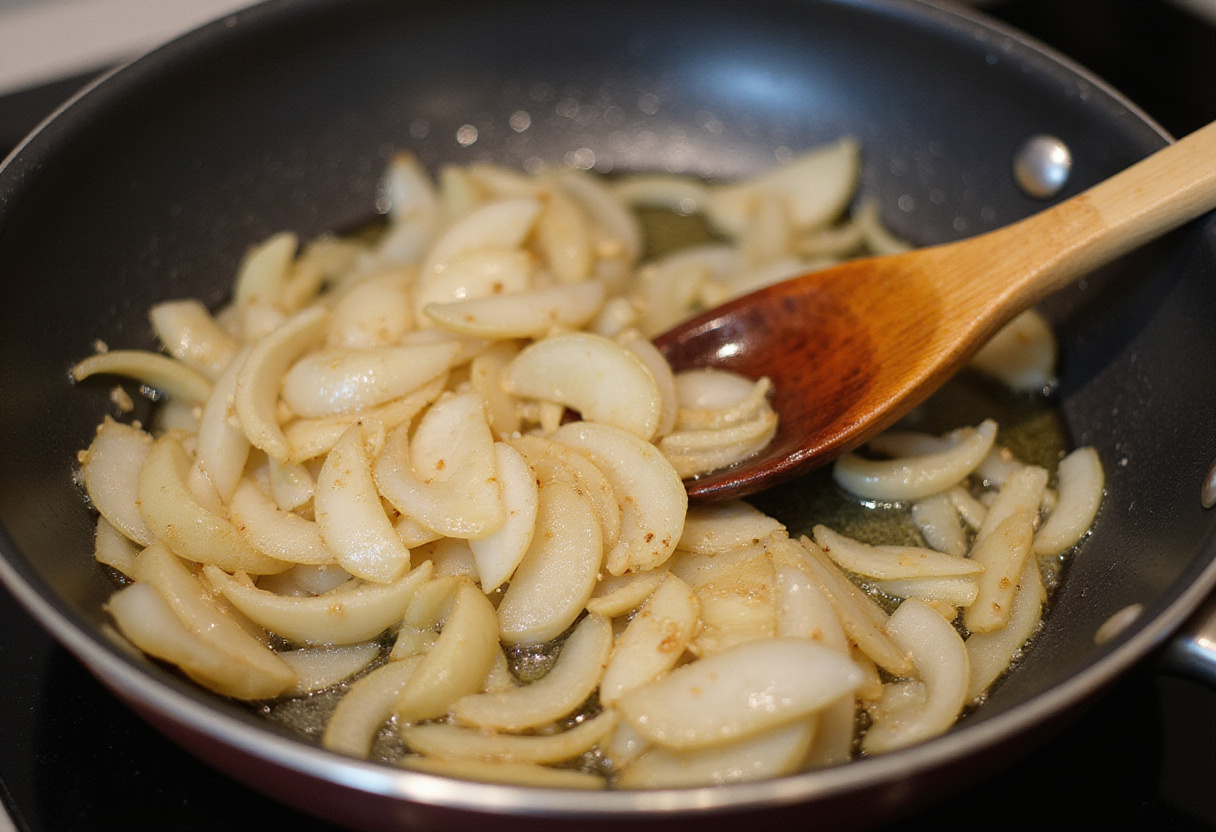 Sautéing onions for Zwiebelkuchen until golden brown and aromatic.