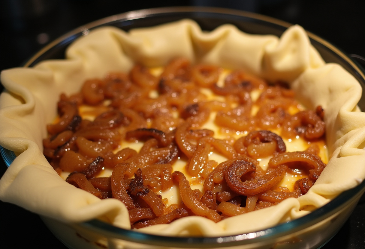 Baking dish prepared with dough and onion filling for Zwiebelkuchen before baking.
