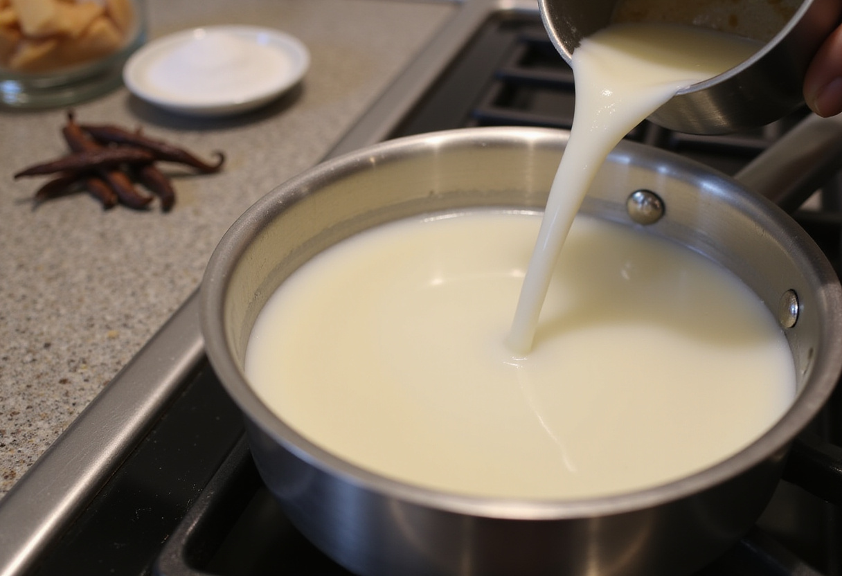 Milk heated in a saucepan for making Vanillepudding mit Erdbeeren.